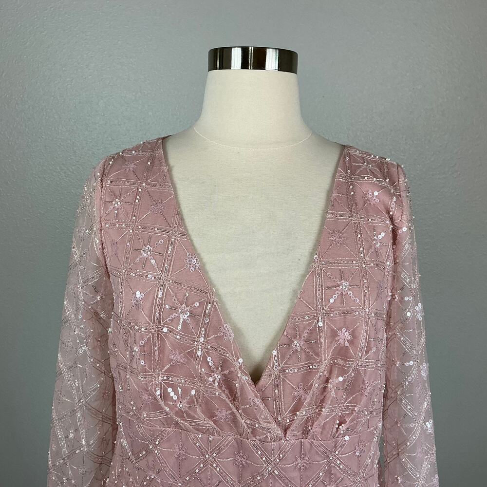 Mac Duggal 68003 Pink Cocktail Dress Sequined Long Sleeve A-Line Midi Size 18 - Picture 8 of 13